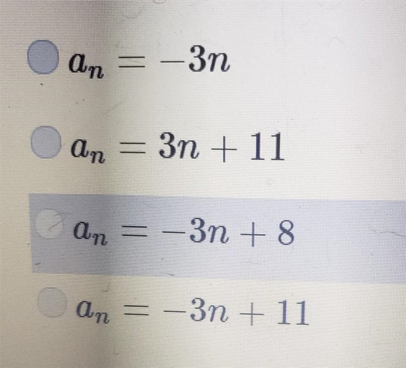 Write the Explicit Rule for the arithmetic sequence: Qp = Q1 +(n-1)d 8, 5, 2, -1, ...​-example-1