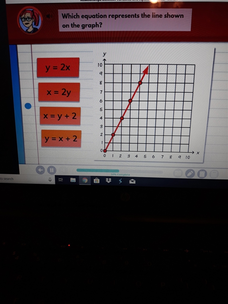 Which equation represents the line shown on the graph?-example-1