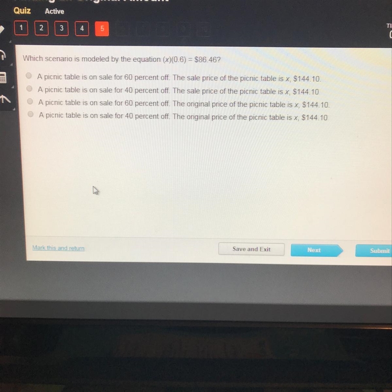 Which scenario is modeled by the equation (x)(0.6)=$86.46?-example-1