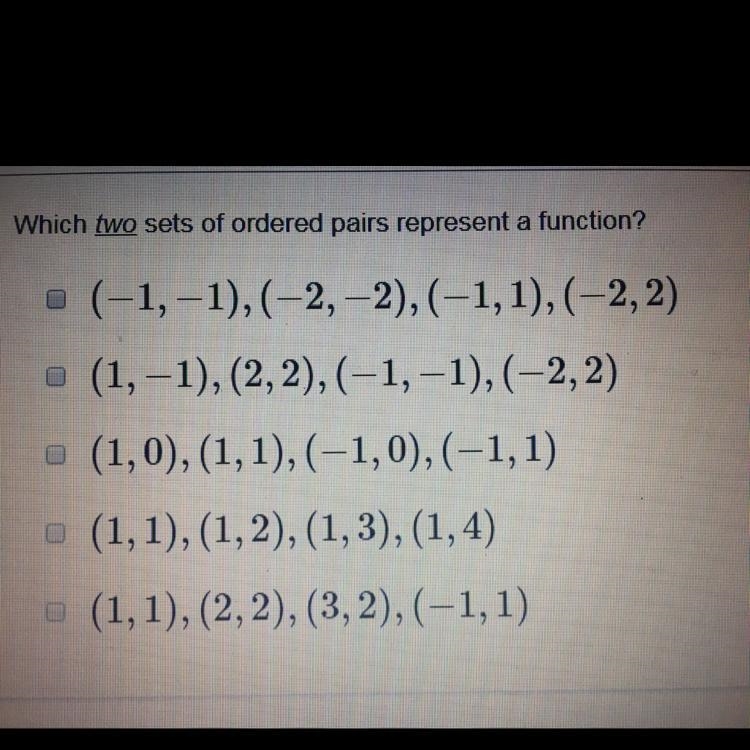 Which two sets of ordered pairs represent a function ?-example-1