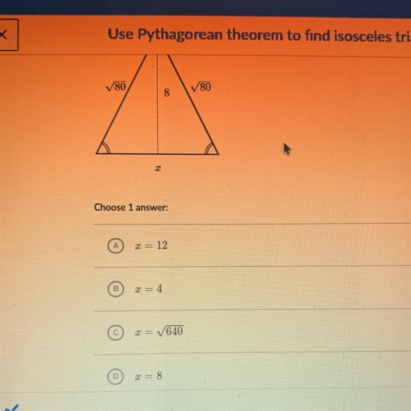 Find the value of x in the isosceles triangle shown-example-1