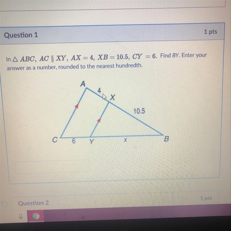 In triangle abc,ac|| XY,AX=4 XB=10.5,CY=6-example-1