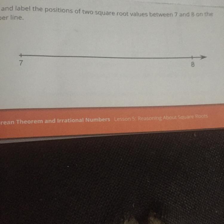 Mark and label the position of two square root values between 7 and 8 on the number-example-1