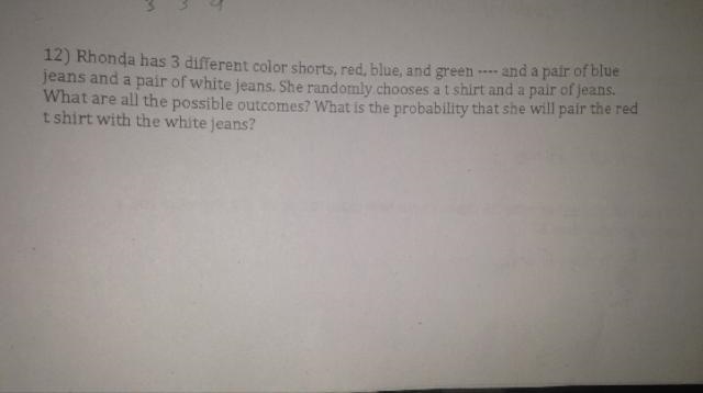 Rhonda has 3 different color shorts, red, blue, and green ---- and a pair of blue-example-1