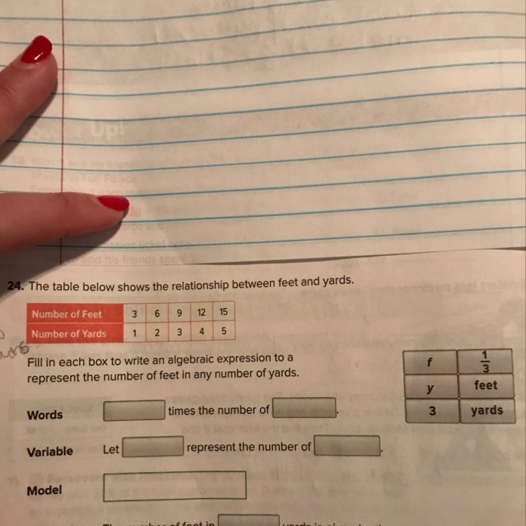 The table below shows the relationship between feet and yards fill in each box to-example-1