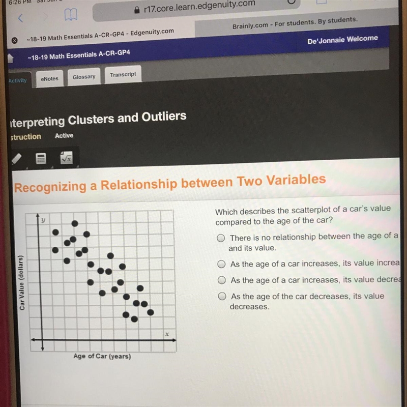 Which describes the scatter plot of a car’s value compared to the age of the car ?-example-1