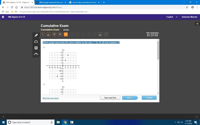 Which graph represents the same relation as the rule y = 2x, for all real numbers-example-1