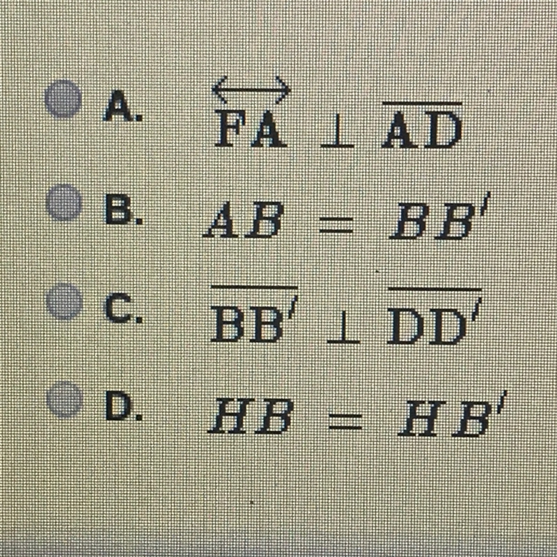 Polygon ABCD is reflected across EF to make A’B’C’D’. Which statement must be true-example-1