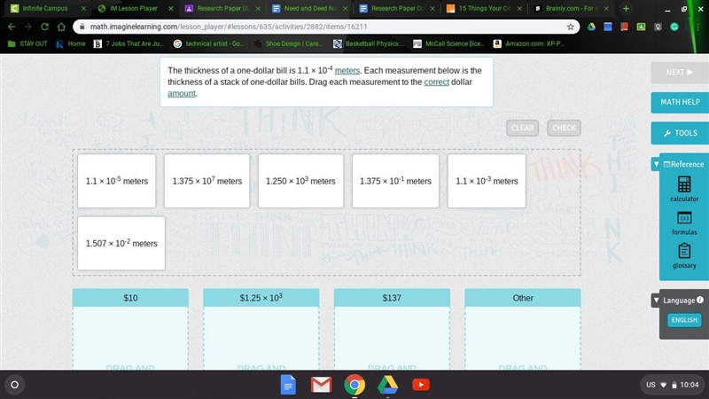 The thickness of a one-dollar bill is 1.1 × 10-4 meters. Each measurement below is-example-1