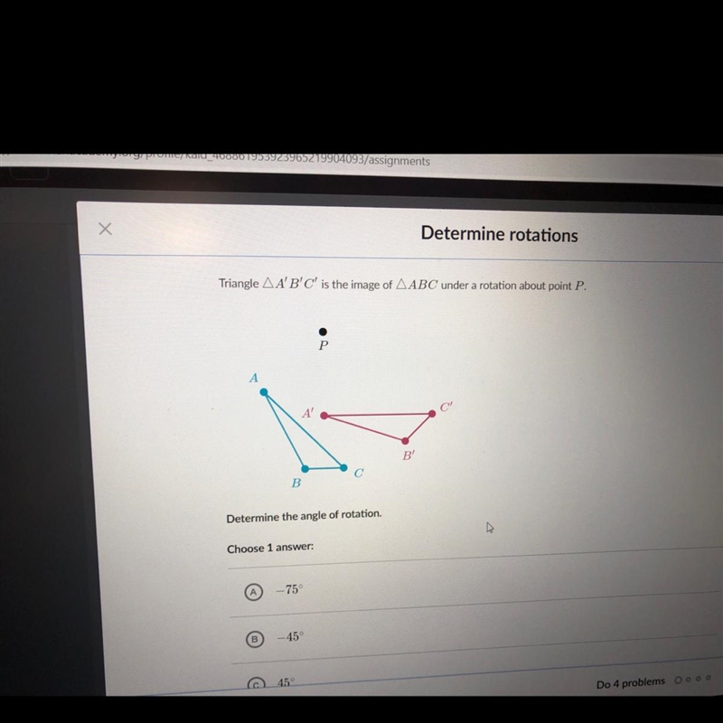 Triangle A B C Is the image of triangle ABC under a rotation about point P also please-example-1