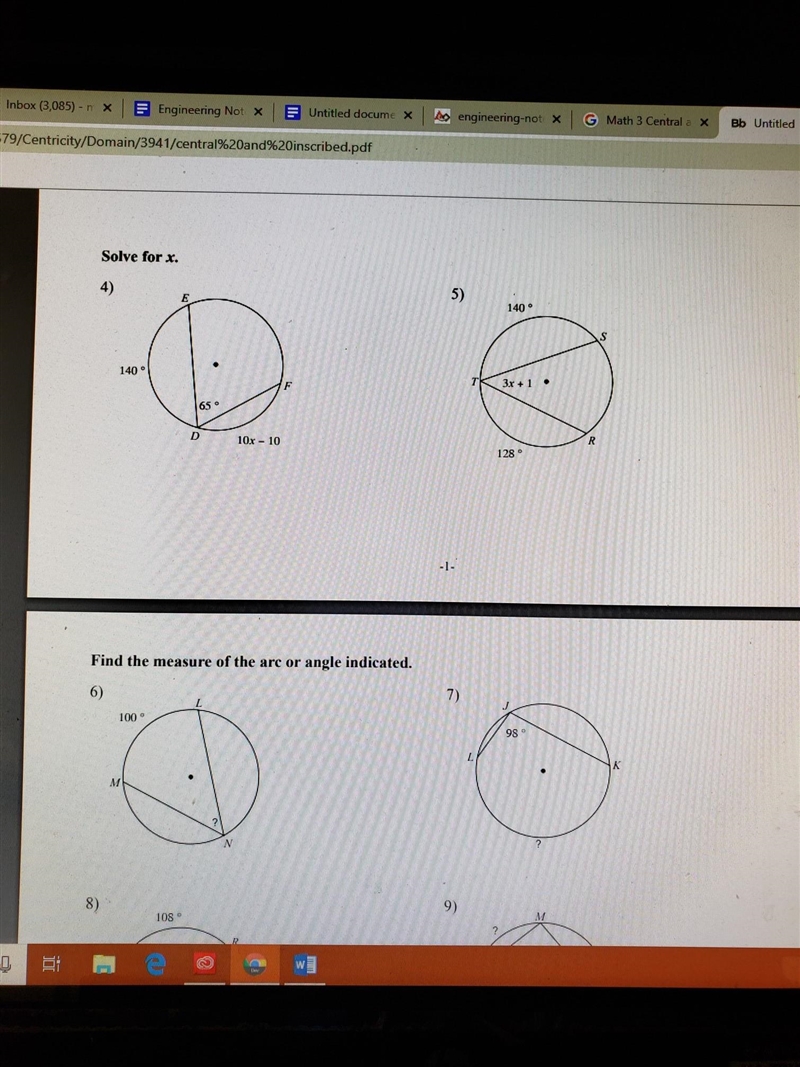 Central and Inscribed Angles Worksheet PLEASE SOLVE ALL THE QUESTIONS!!!​-example-1