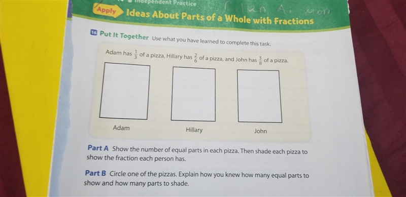 Adam has 1/3 of a pizza, Hillary has 2/6 of a pizza​-example-1