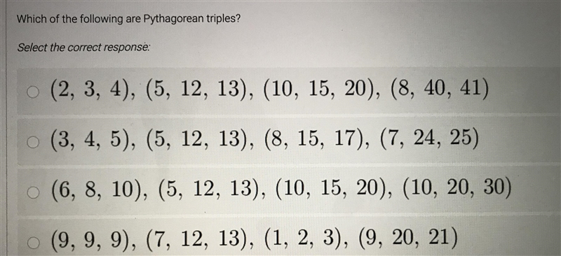 Which of the following are Pythagorean triples?-example-1