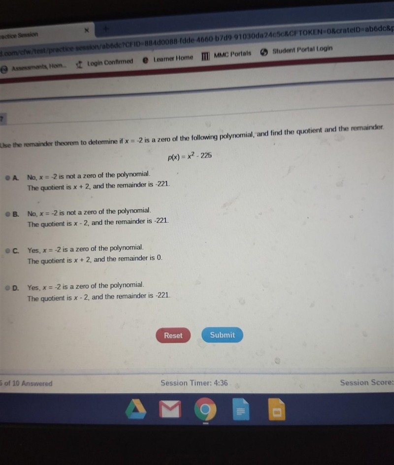 Determine if x=-2 is a zero and find the quotiant and the remainder​-example-1