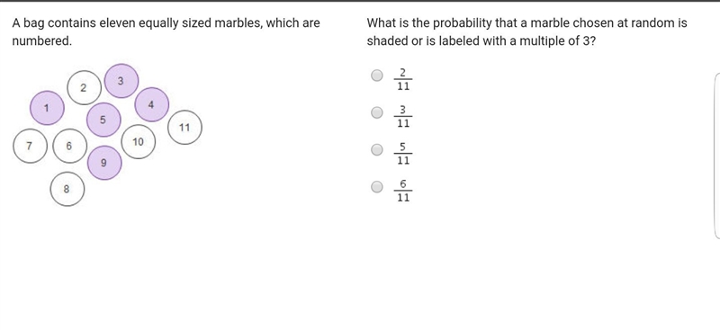 A bag contains eleven equally sized marbles, which are numbered. What is the probability-example-1