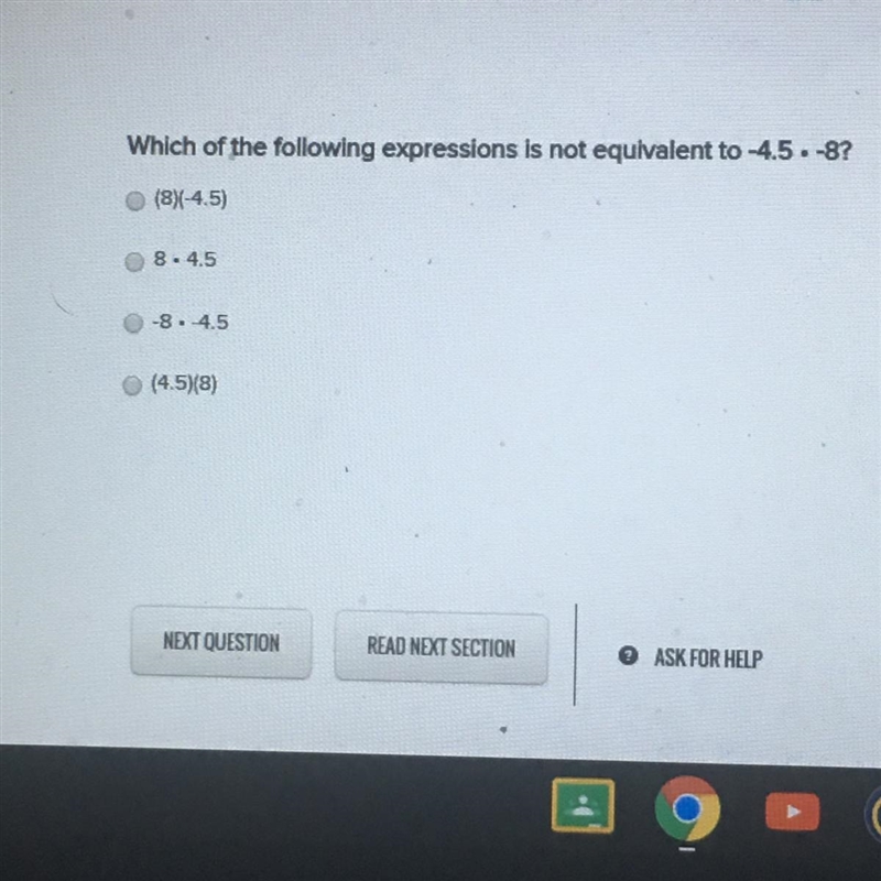 Which of the following expression is not equivalent to -4.5 times -8?-example-1