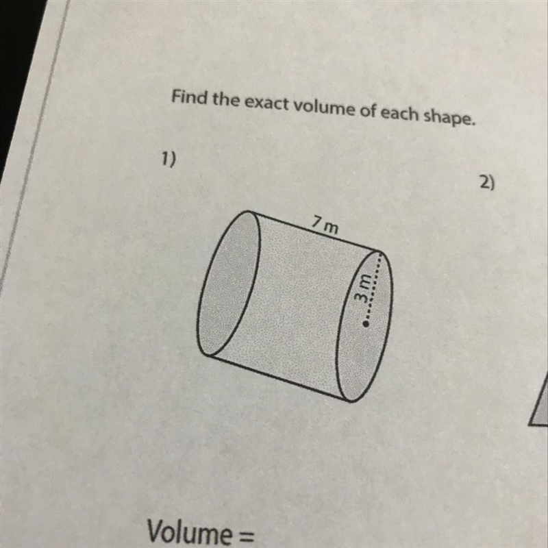 Find the exact volume of each shape Volume =-example-1