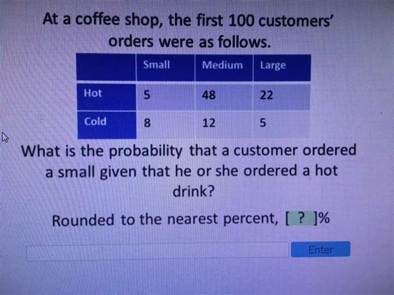 What is the probability that a customer ordered a small given they ordered a hot-example-1