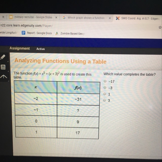 The function f(x)=x^5+(x+3)^2 is used to create this table-example-1