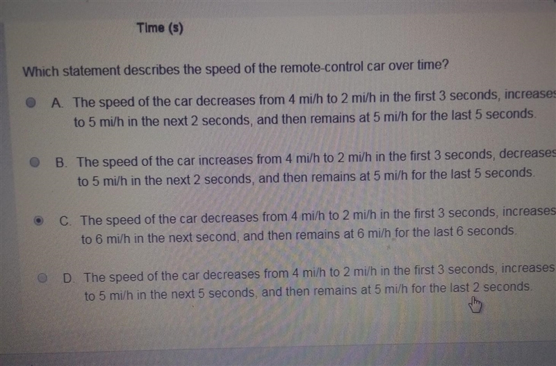 Which statement describes the speed of the remote control car over time?​-example-1