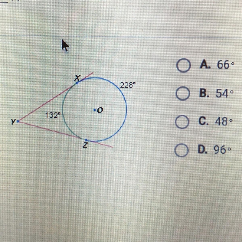 In the diagram below, xy and yz are tangent to O. What is the measure of angle y-example-1