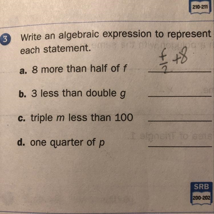 8 more than half of f = 3 less than double g = Triple m less than 100 = One quarter-example-1