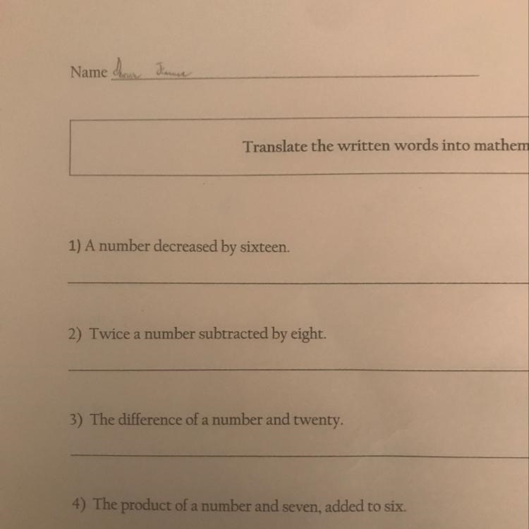 1) A number decreased by sixteen 2) Twice a number subtracted by eight. 3) The difference-example-1