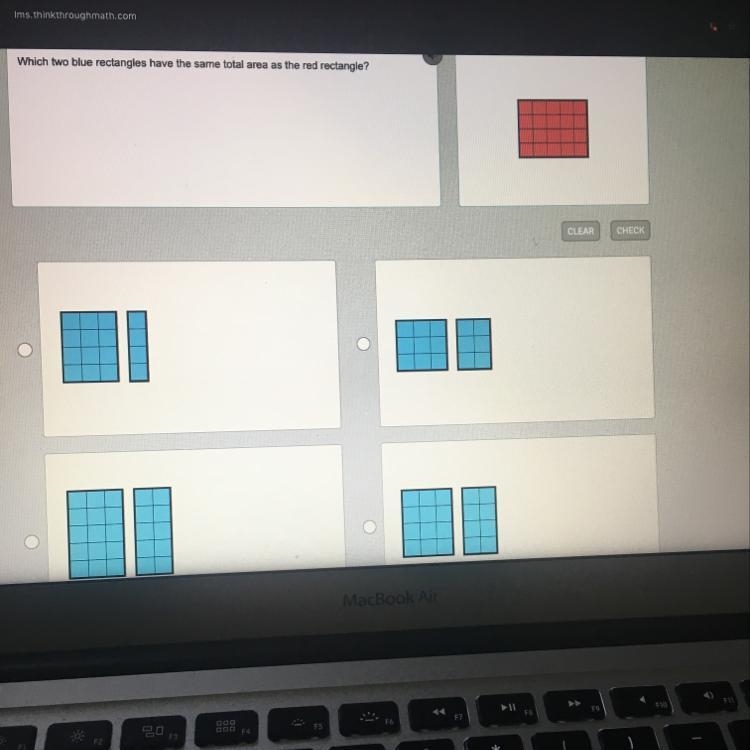 Which two blue rectangles have the same total area as the red rectangle-example-1