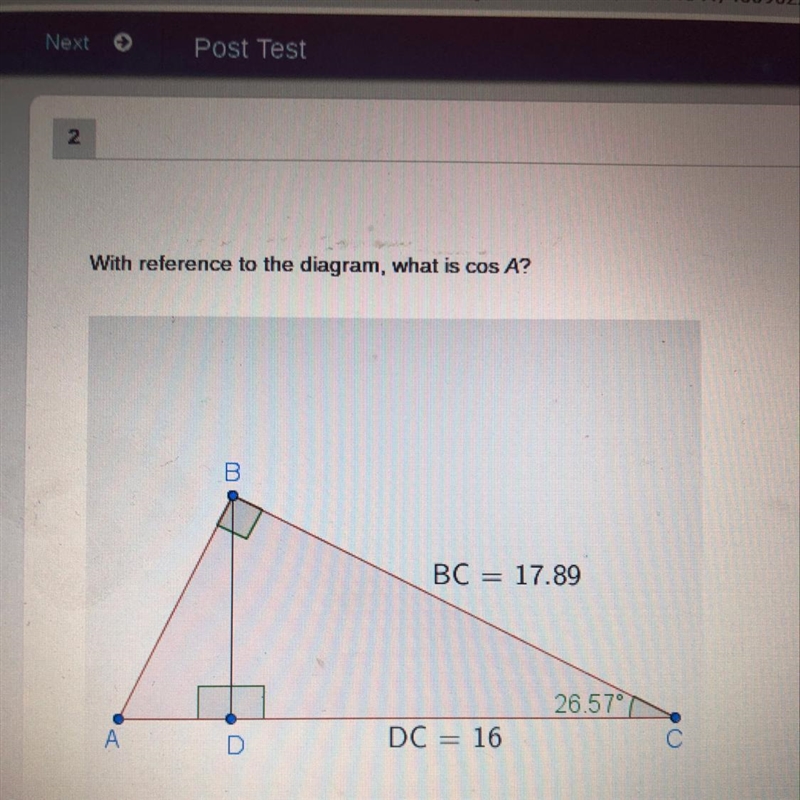 With reference to the diagram, what is cos A?-example-1