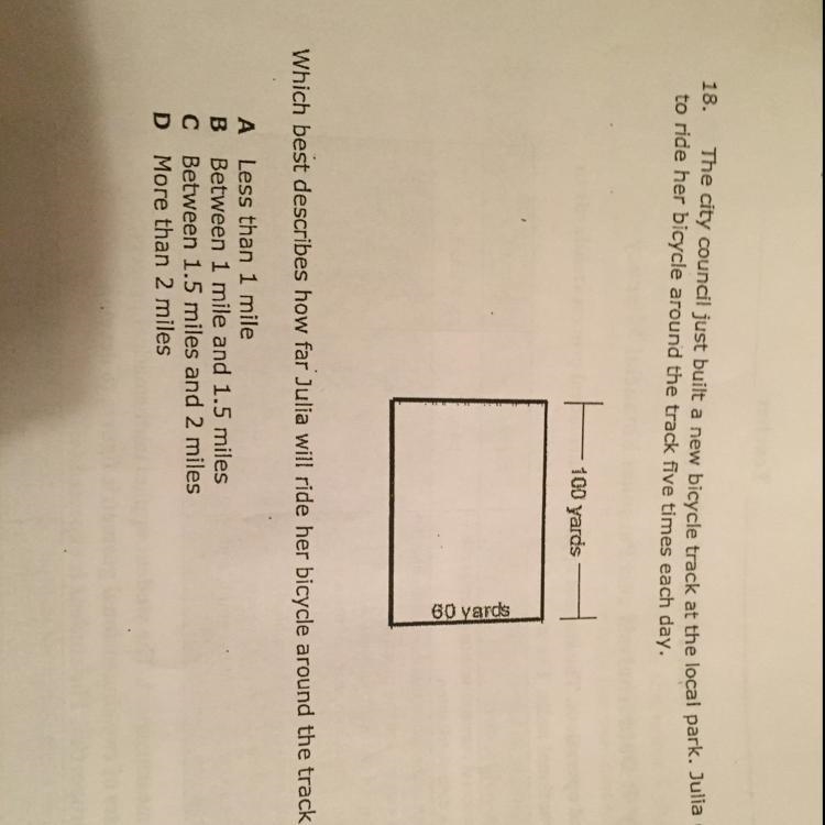 Julia decides to ride her bicycle around the track five times each day Which best-example-1