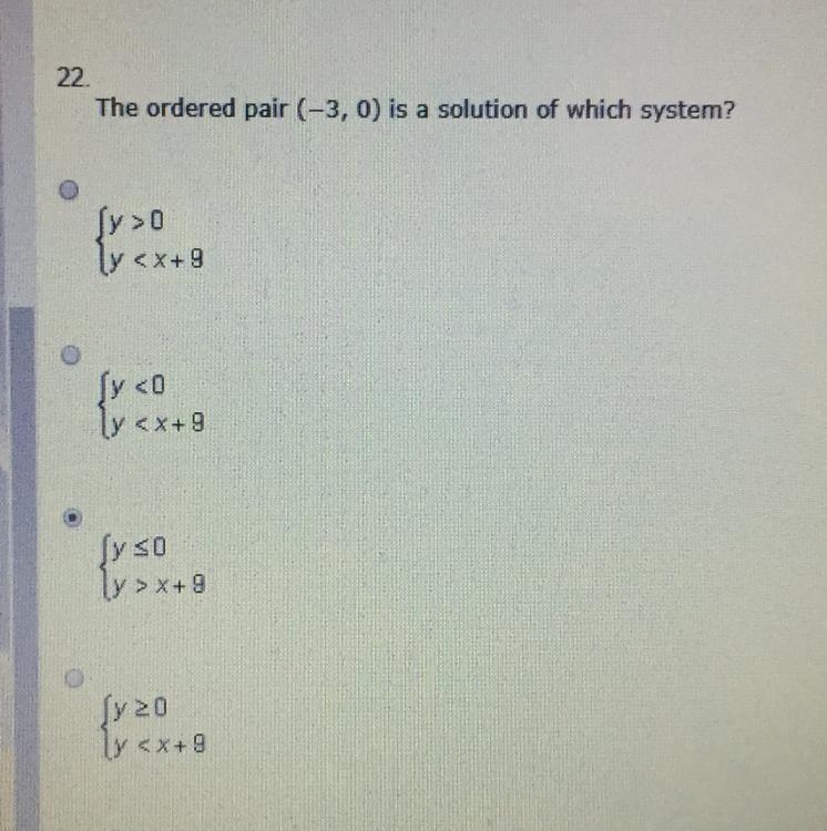 The ordered pair (-3,0) is a solution of which system ? Help needed !!! 10 points-example-1