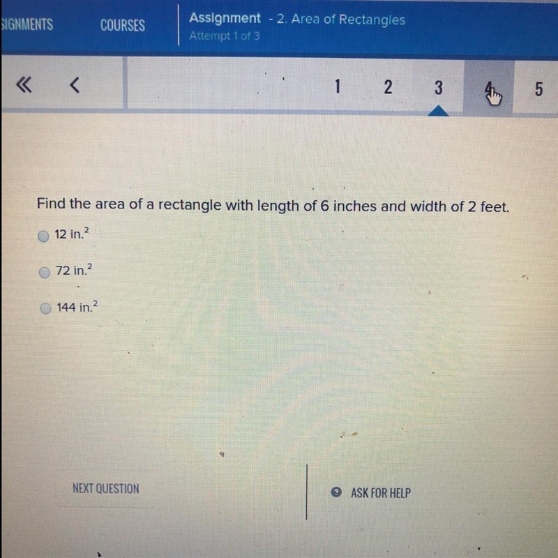 Find the area of a rectangle with length of 6 inches and width of 2 feet. 12 in. 2 72 in-example-1