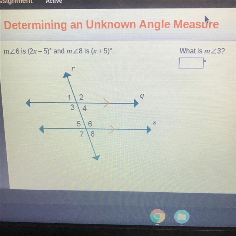 M<6 is (2x - 5)º and m<8 is (x + 5)º. What is m<3?-example-1