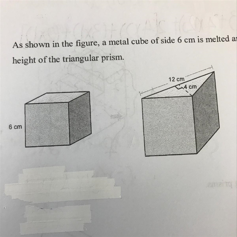 As shown in the figure , a metal cube of side 6 cm is melted and recast into a triangular-example-1