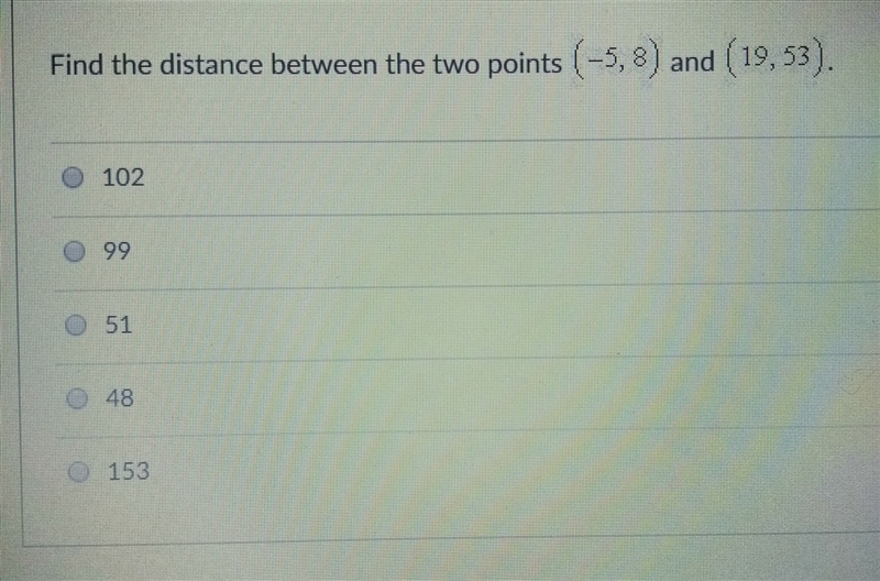 Find the distance between two points (-5,8) and (19,53)-example-1