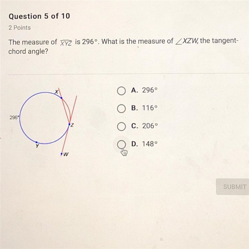 The measure of XYZ is 296 what is the measure of XZW the tangent chord angle-example-1