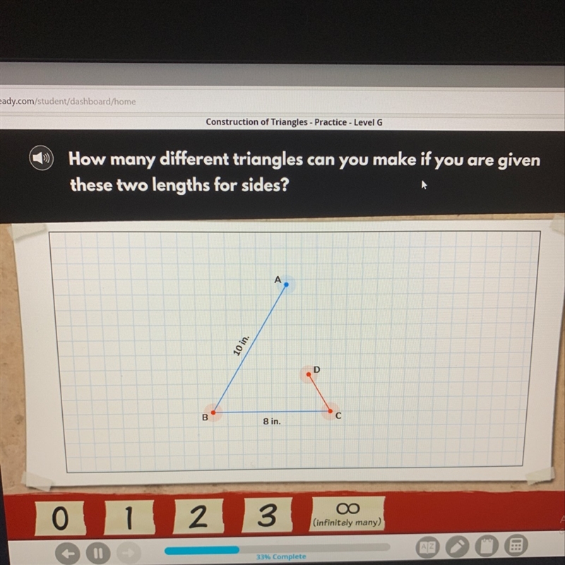 How many different triangles can you make if you are given these two lengths for sides-example-1