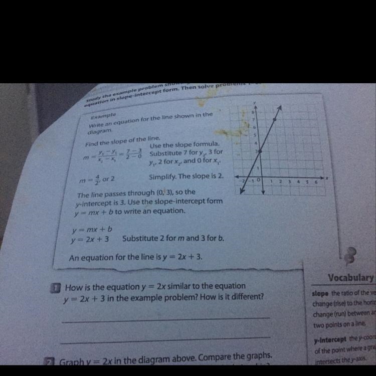 Need help with #1 “how is the equation y= 2x similar to the equation y= 2x + 3?how-example-1