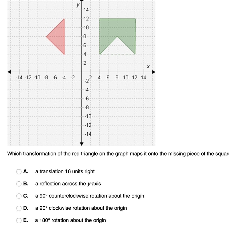 Select the correct answer. Which transformation of the red triangle on the graph maps-example-1