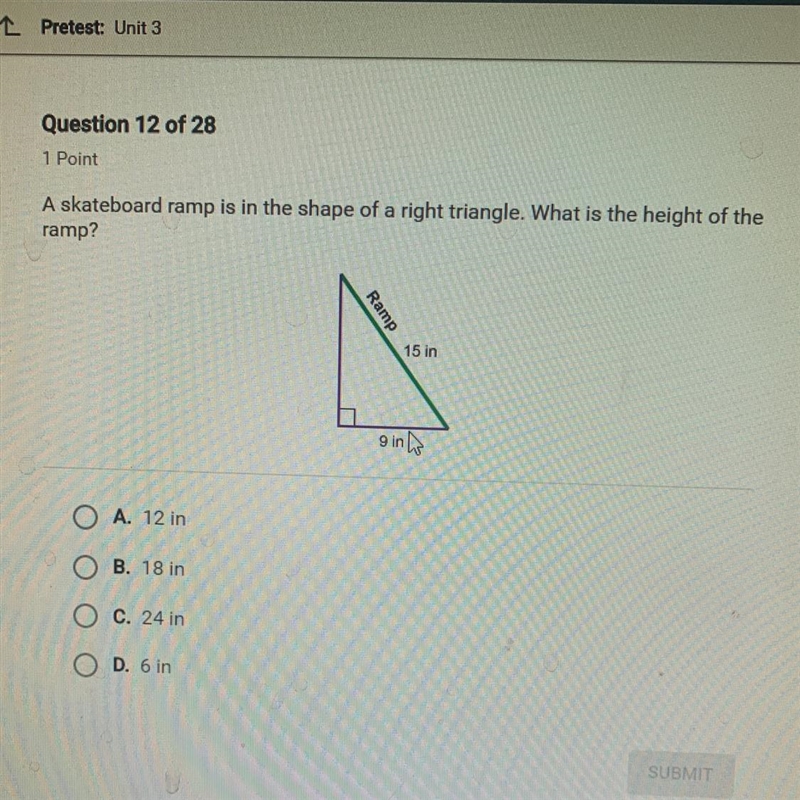 A skateboard ramp is in the shape of a right triangle. What is the height of the ramp-example-1