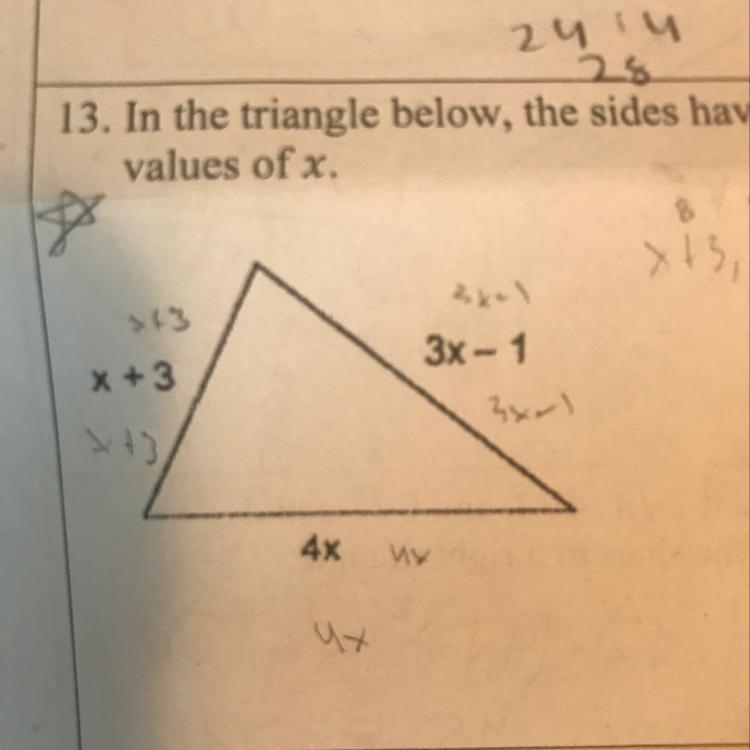 13. In the triangle below, the sides have length x + 3, 3x - 1. and 4x. Determine-example-1