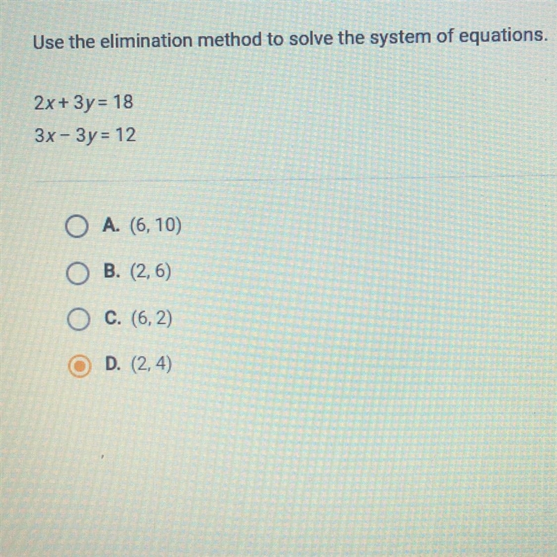 Use the elimination method to solve the system of equations. Please help me get this-example-1