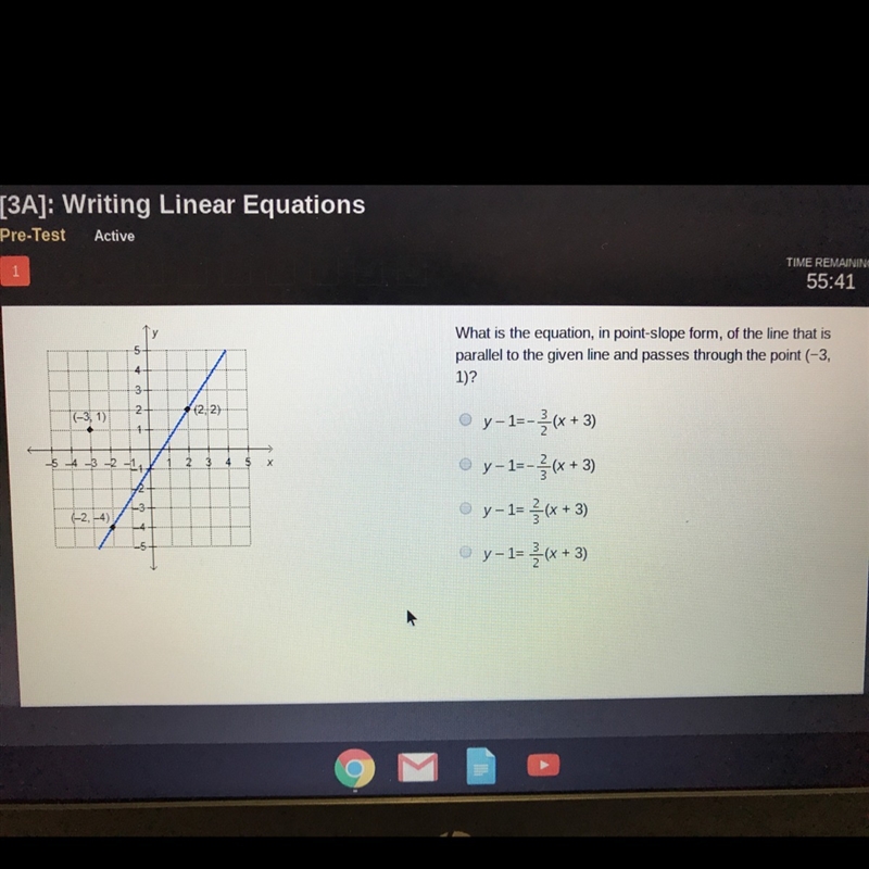 What is the equation, in point-slope form, of the line that is parallel to the given-example-1