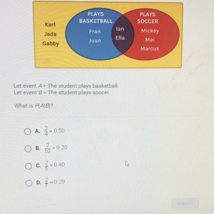 This Venn diagram shows sports played by 10 students . Let event A = the student plays-example-1