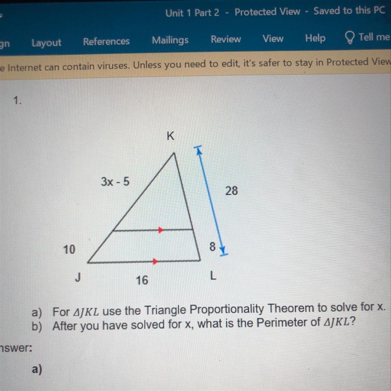 For Jkl use the triangle proportionality theorem to solve for x-example-1