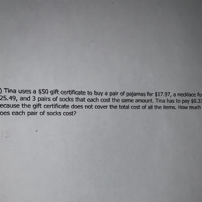 Tina uses a $50 gift card certificate To buy a pair of PJs for $17.97 a necklace for-example-1