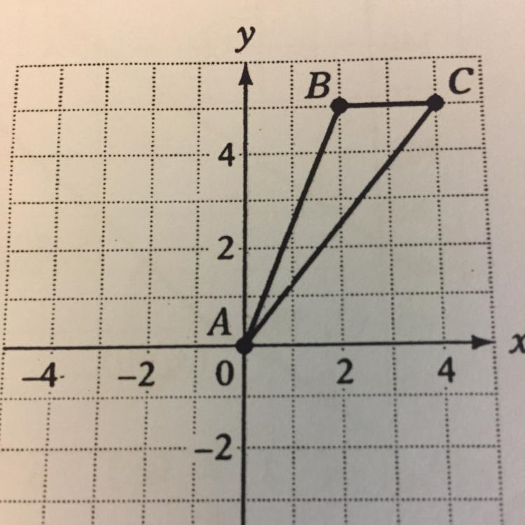 A triangle has vertex A at (0, 0), vertex B at (2, 5), and vertex C at 1 (4, 5). Which-example-1