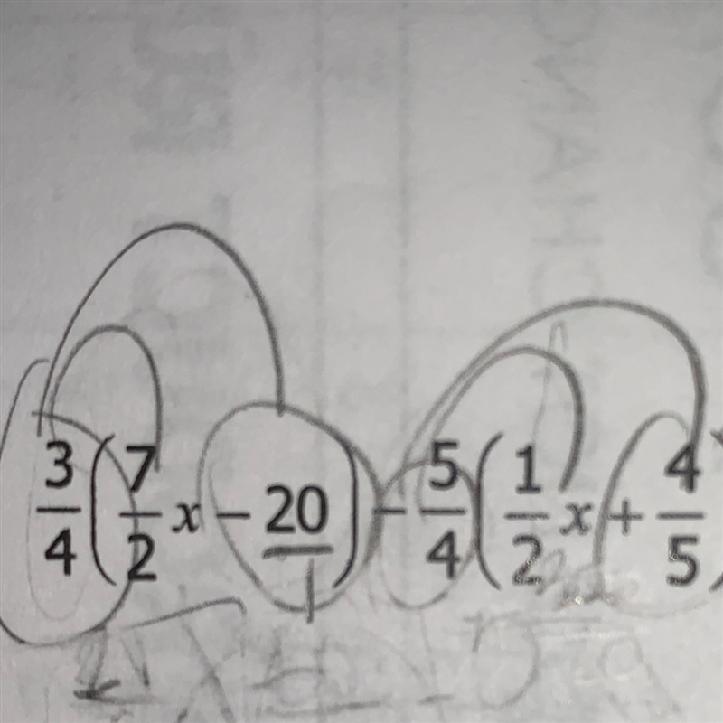 Simplify and Factor: 3/4 (7/2X-20)-5/4(1/2X+4/5)-example-1