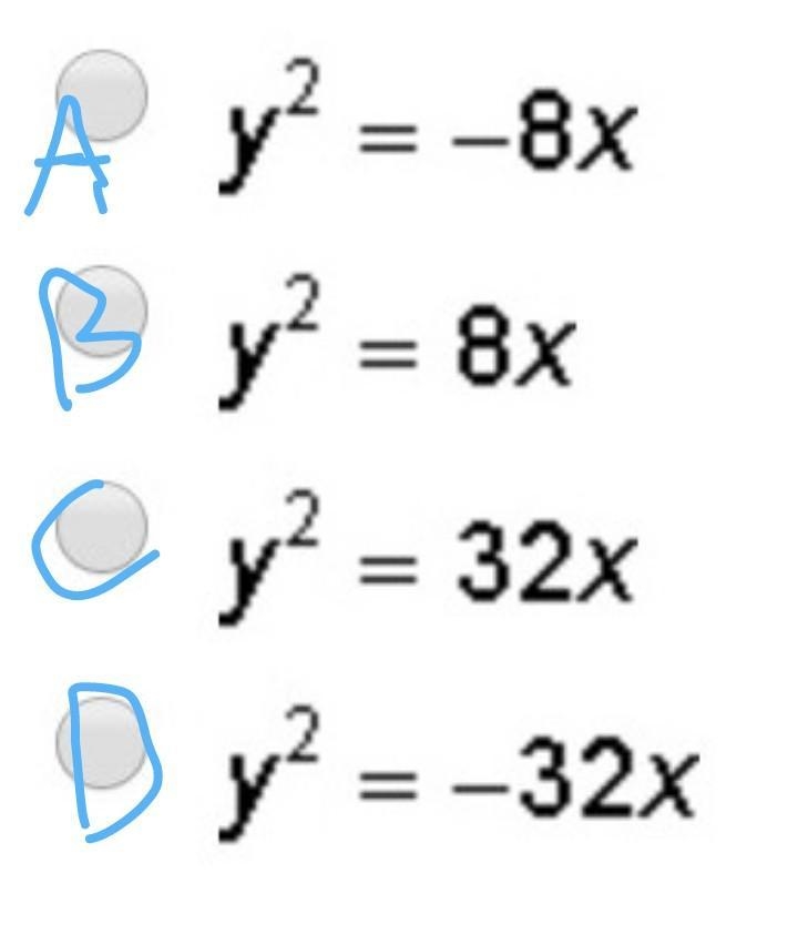 Which is the standard form of the equation of a parabola with a focus of (8, 0) and-example-1