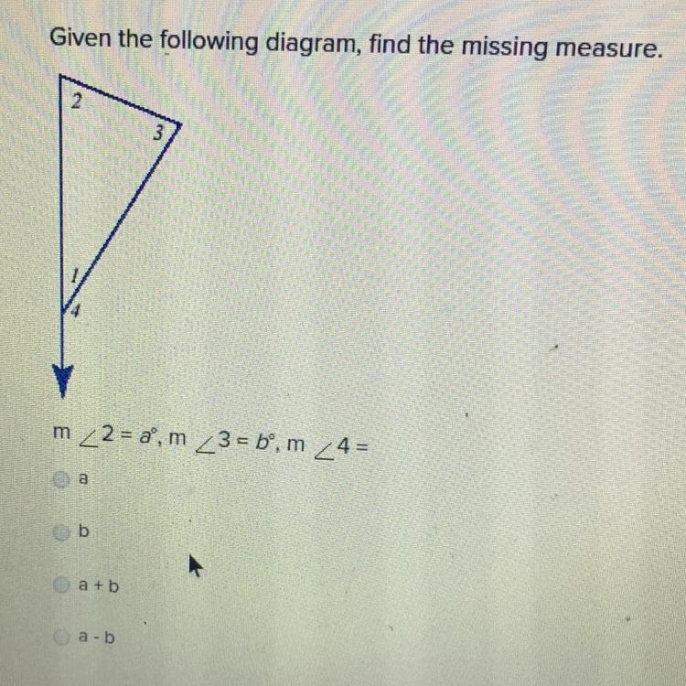 Given the following diagram, find the missing measure.-example-1